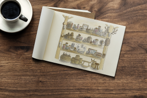 Curiosity cabinet, watercolor, 2022