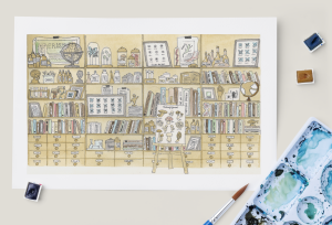 Curiosity cabinet, watercolor, 2022
