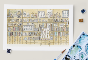 Curiosity cabinet - Paris - Inspired from the beautiful art bookstore Alain Brieux in Paris - Watercolor, 2023