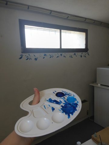 Painting under a window in shades of blue, july 2026, Genlis, France