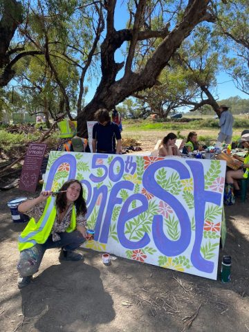 Sign for the 50th Confest festival, march 2026, Moulamein, Australia